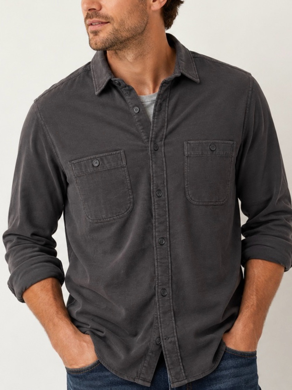 Faherty Knit Seasons Cotton Shirt Washed Black Grey Small S